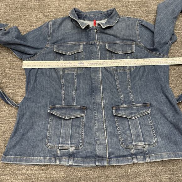 Spanx Denim Shirt Jacket Women 3X Plus Jean Tie Waist Chore Workwear Stretch - Picture 4 of 12